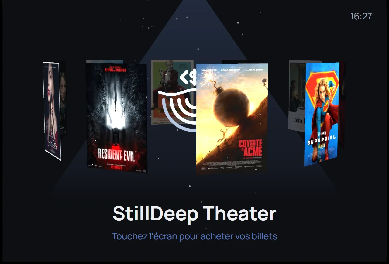 Kiosk between two customers: the movie posters turning in 3D, with an invitation to touch the screen to buy tickets.