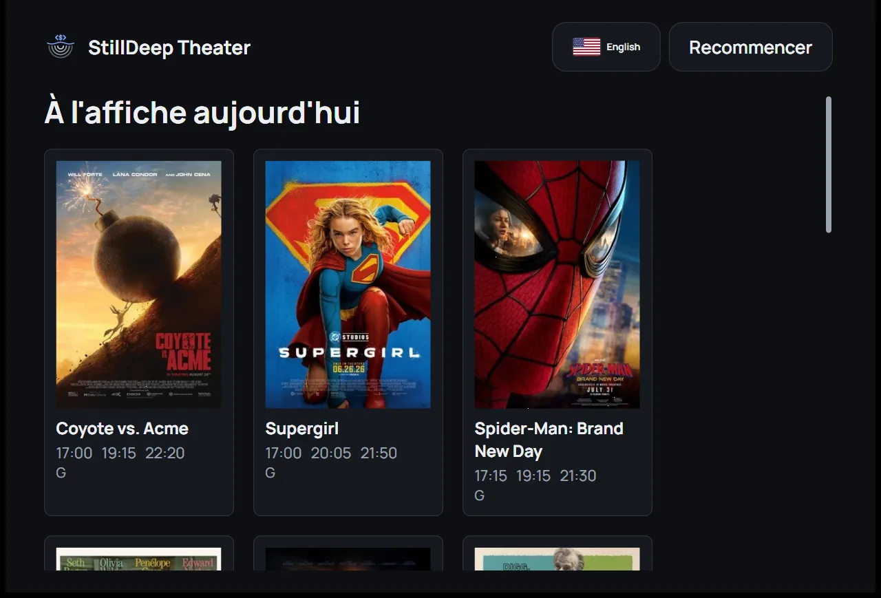 Self-service kiosk: today's movies with their posters and showtimes, in French or English.