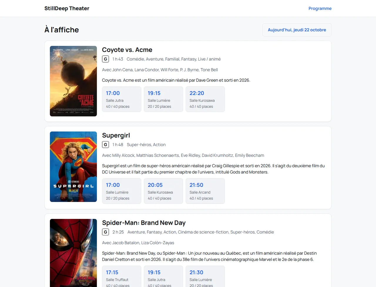 Online ticketing: the movies showing today with their showtimes, rooms and seats left.